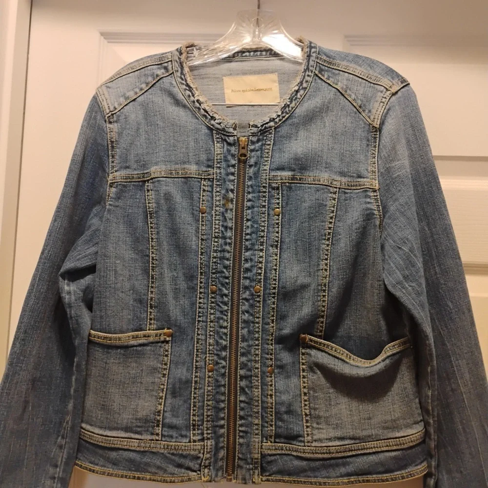 Pilcro and the Letterpress Anthropology Distressed Denim Zip Up Jacket Size M